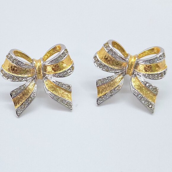 Vintage gold and silver tone bow earrings - Picture 1 of 7